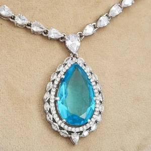 Aqua Teardrop CZ Necklace Set with Drop Earrings - Image 3