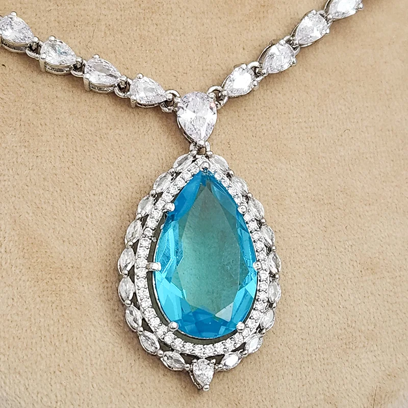 Aqua Teardrop CZ Necklace Set with Drop Earrings - Image 3