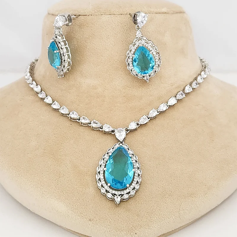Aqua Teardrop CZ Necklace Set with Drop Earrings - Image 2
