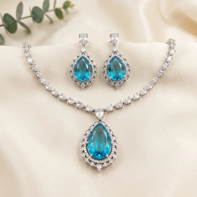 Aqua Teardrop CZ Necklace Set with Earrings