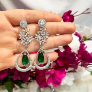 Long Drop CZ & Stone Earrings, Green - Image 3