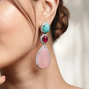 Long Earrings with Stone, Pink - Image 3