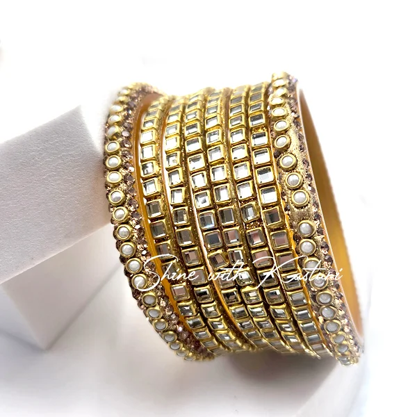 Golden Kundan Mirror Bangles Set, 2.6 - Image 3