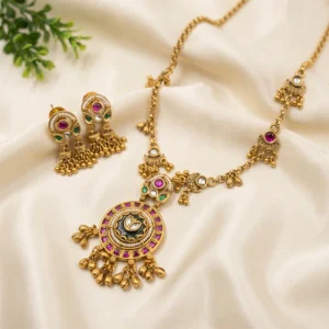 Long Necklace in Ruby, Green Stones with Stylish Earrings