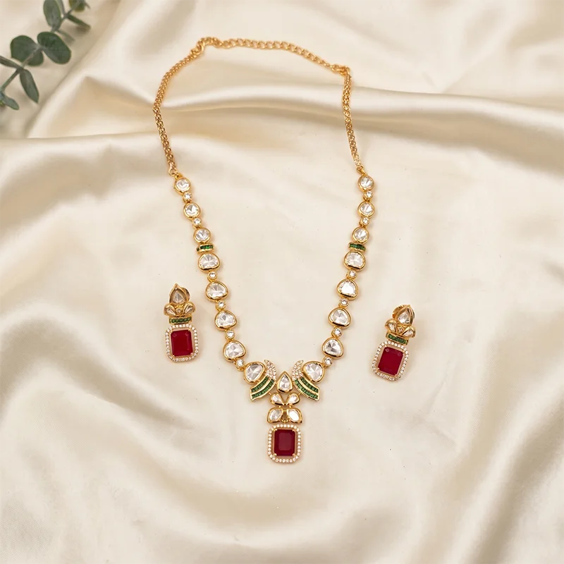 Emerald Ruby Kundan Pendant Necklace Set - Image 2