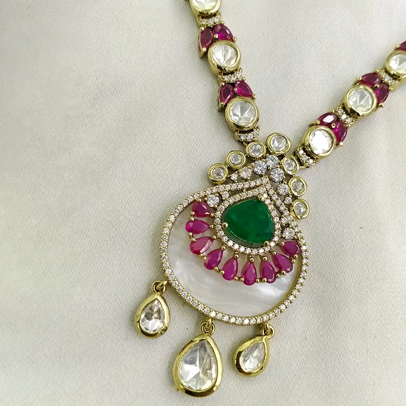 Mint & Pink Kundan Statement Necklace with MOP - Image 4