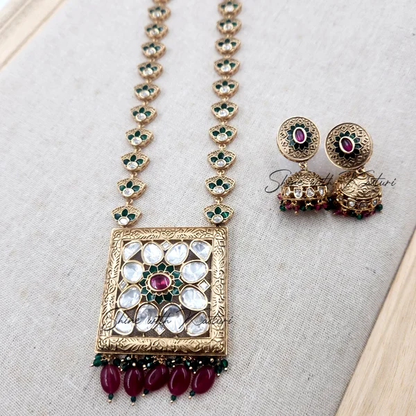 Royal Long Necklace with Kundan & Stones, Green - Image 4