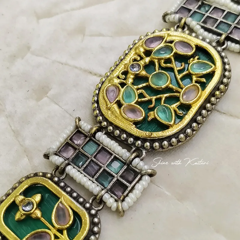 Meenakari Oxidised Choker Set with Earrings, Green - Image 3