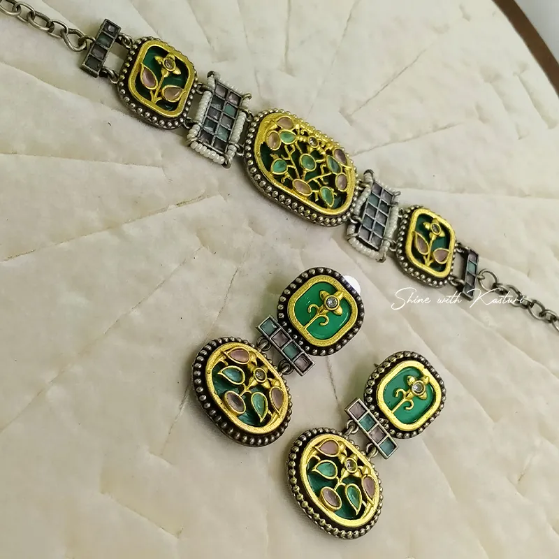 Meenakari Oxidised Choker Set with Earrings, Green - Image 2