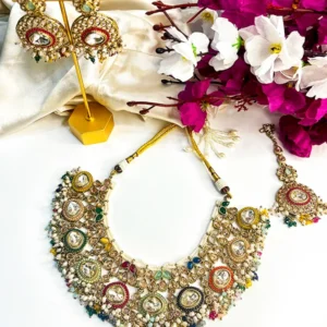 Multicolor Kundan Statement Necklace with Bead Detailing