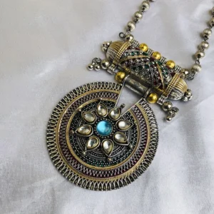 Oxidised Silver Necklace Set with Blue Stone - Image 3