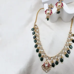 Emerald Royale Polki Kundan Necklace Set - Image 4