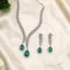 Teardrop American Diamond Necklace Set, Green