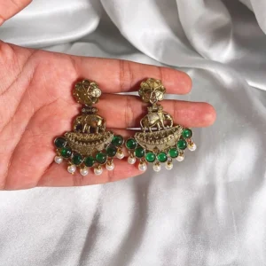 Temple Motiff Earrings with Stone, Green - Image 2