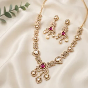Teardrop Bridal Necklace Set with CZ, Pink