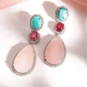 Long Earrings with Stone, Pink - Image 4