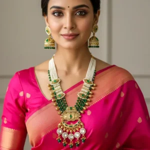 Regal Emerald Beads Long Necklace & Jhumka Set - Image 7