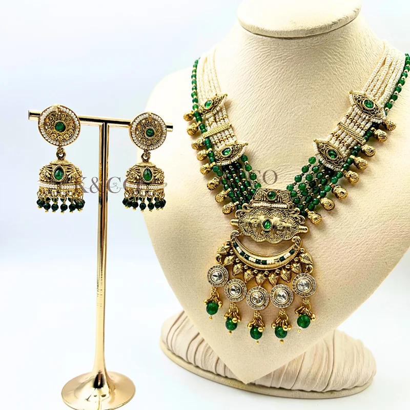 Regal Emerald Beads Long Necklace & Jhumka Set