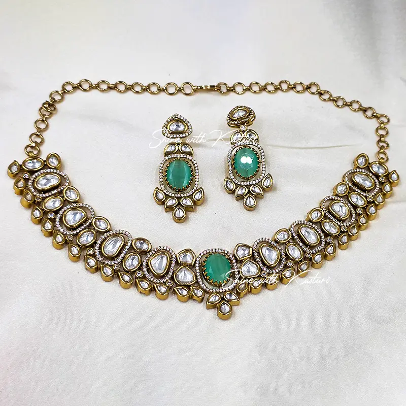 Grace Traditional Kundan Choker Necklace, Green - Image 2