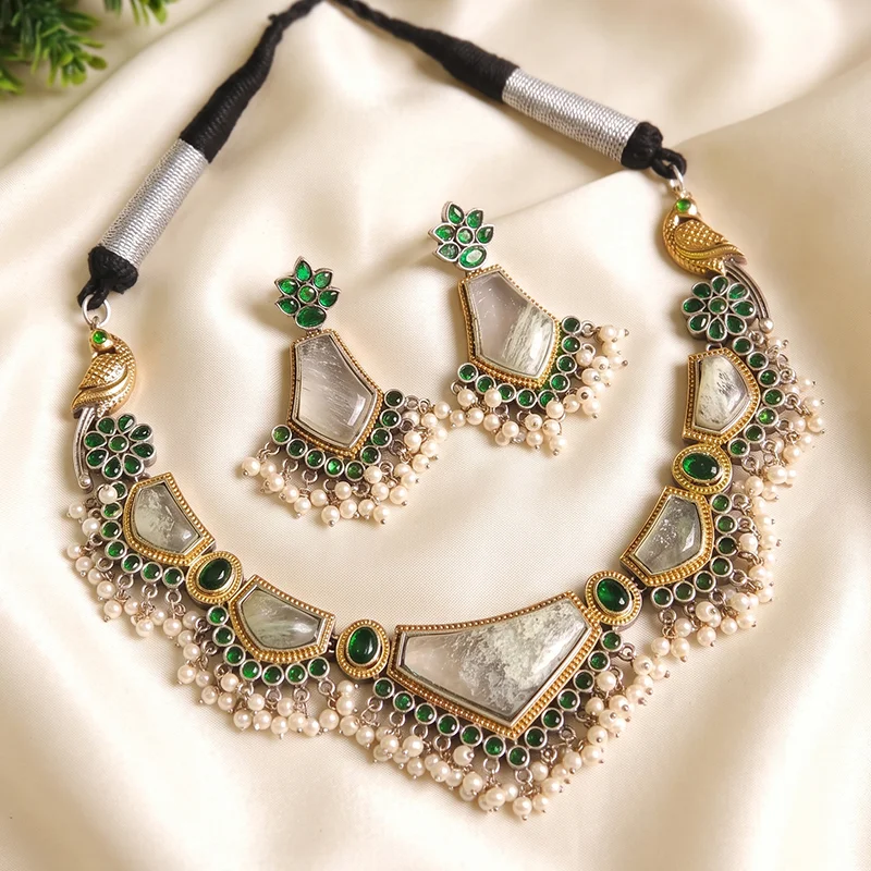 Emerald Mirror Oxidised Silver Jewelry Set