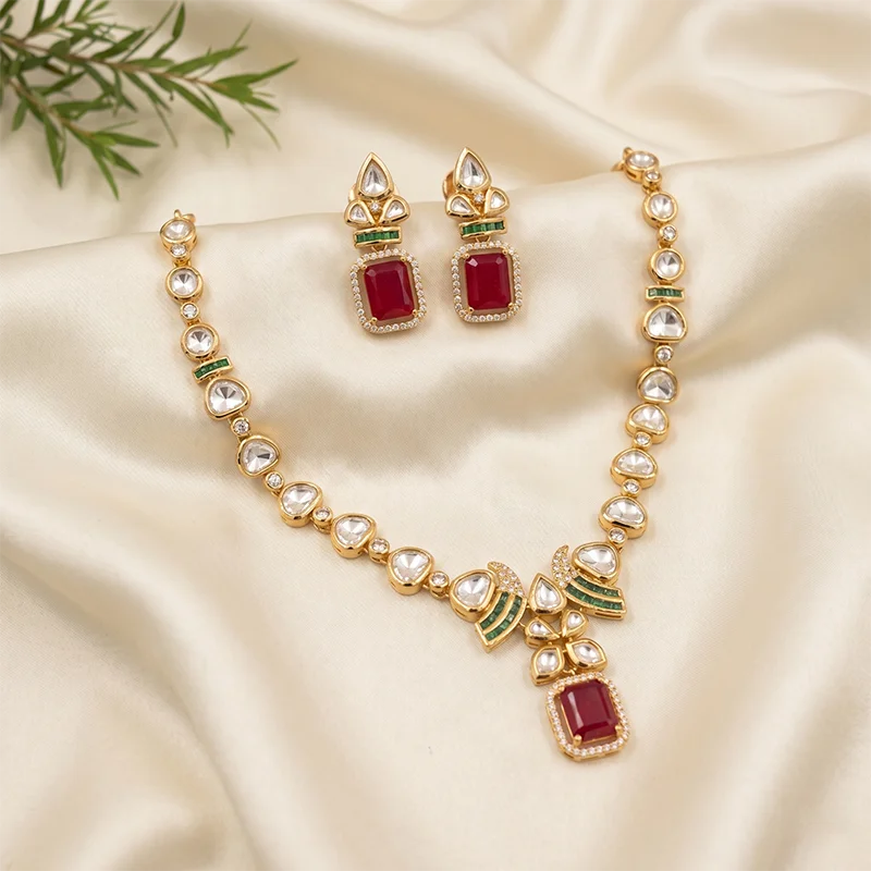 Emerald Ruby Kundan Pendant Necklace Set
