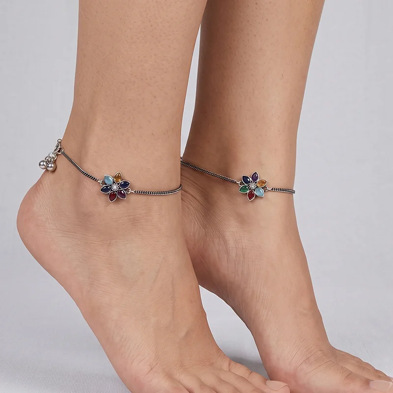 Multicolour Floral Charm Oxidised Silver Anklet - Image 2