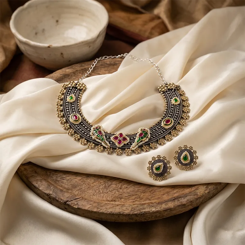 Floral Oxidised Choker Necklace Set with Earrings