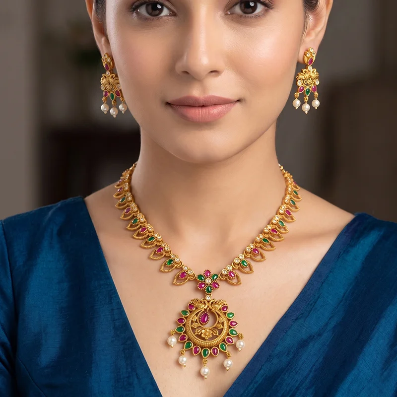 Gold Look Necklace with Pearl Drops