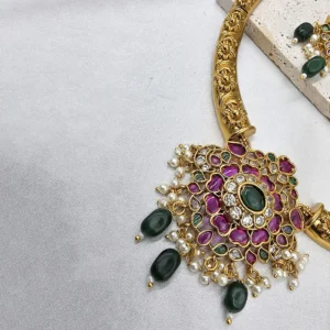 Traditional Gold Plated Kundan Necklace Set, Ruby Green - Image 4