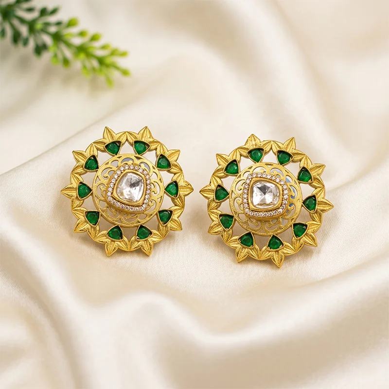 Large Gold Plated Stud Style Earrings, Multi - Image 4