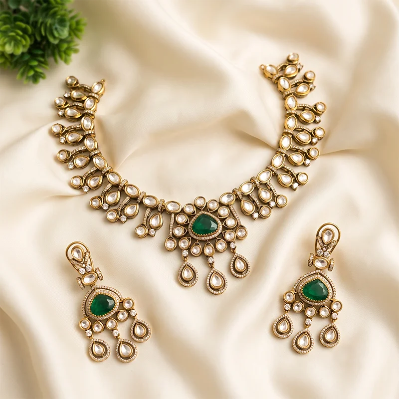 Green Kundan Drop Necklace Set