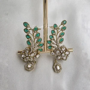 Alternative view of Green Leaf Polki Dangle Earrings with Floral Crystal