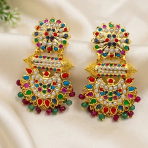 Royal Navratan Jadau Long Chandbali Earrings, Multi