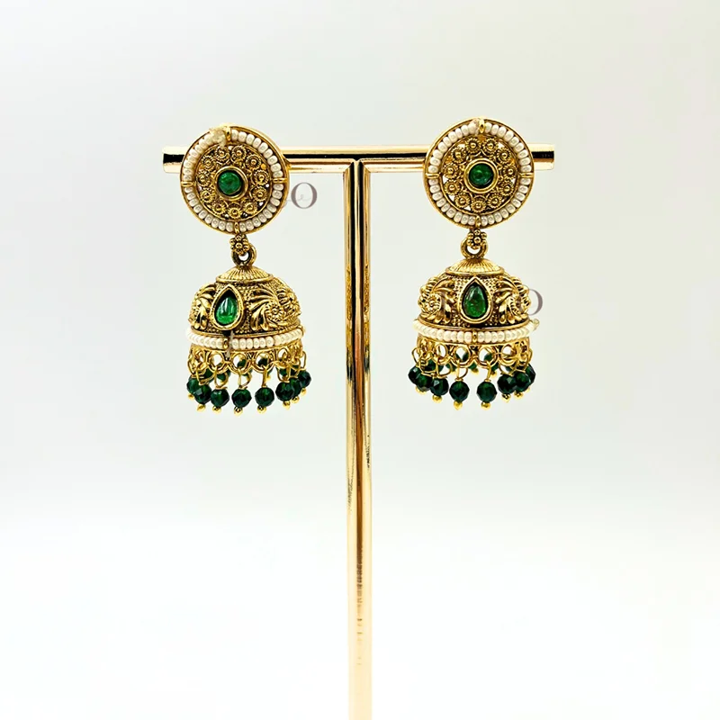 Regal Emerald Beads Long Necklace & Jhumka Set - Image 3