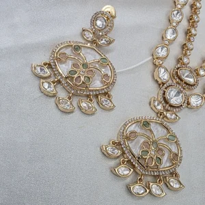 Polki Kundan Double Layer Necklace Set with Floral Pendant - Image 4