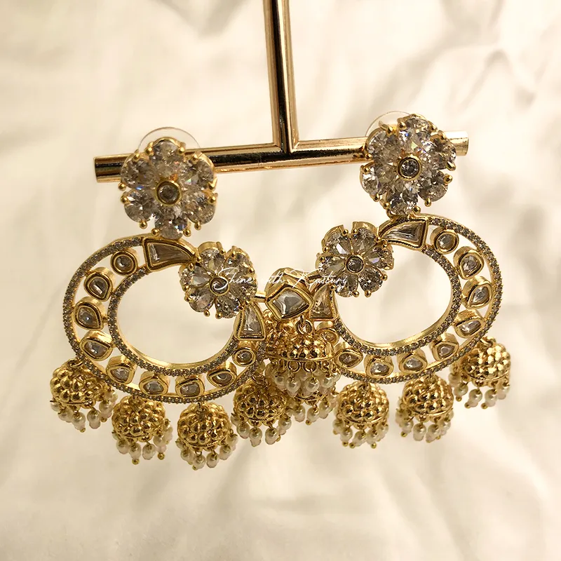 Kundan Floral Chandbali Earrings with Pearl Drops - Image 3