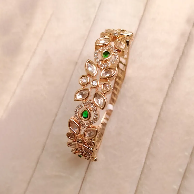 Emerald Kundan Floral Openable Cuff Bangle - Image 2