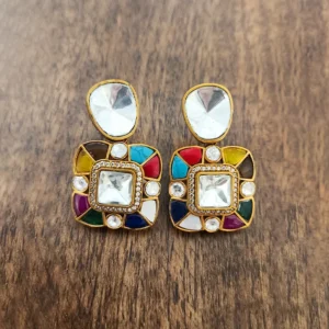 Multicolour Square Shape Statement Kundan Earrings - Image 2