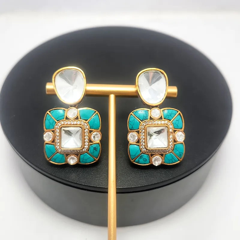 Turquoise Square Shape Statement Kundan Earrings - Image 2