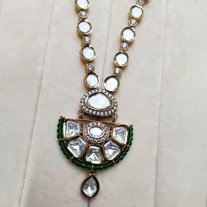 Kundan Long Necklace with Green Beads in Pendant - Image 3