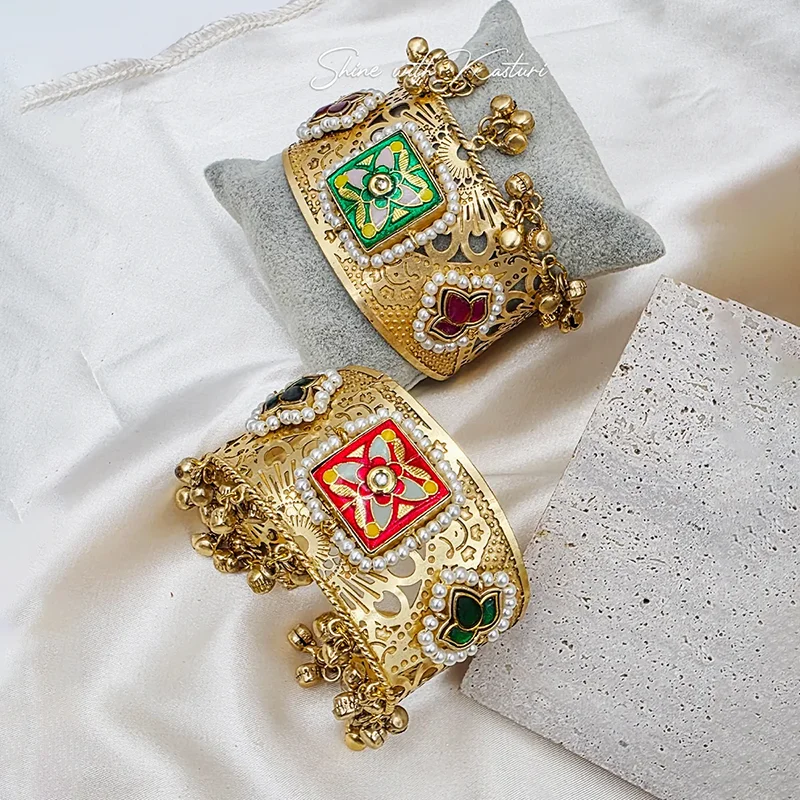 Kundan Meenakari Pearl-Edged Gold Cuff Bangles