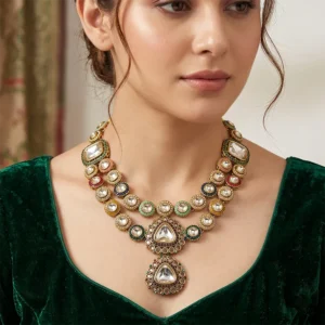 Alternative view of Traditional Kundan Multicolor Necklace with Polki Stones