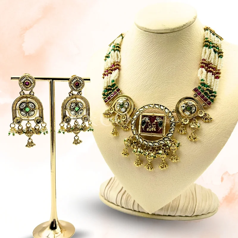 Kundan Necklace Set with Multi-Layer Beads - Image 3