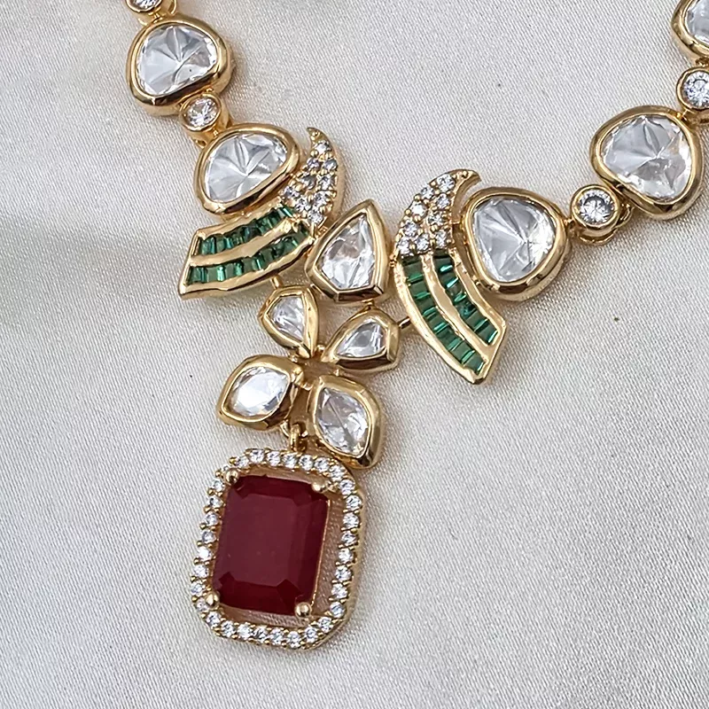 Emerald Ruby Kundan Pendant Necklace Set - Image 3