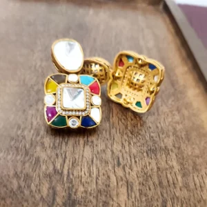 Multicolour Square Shape Statement Kundan Earrings - Image 3