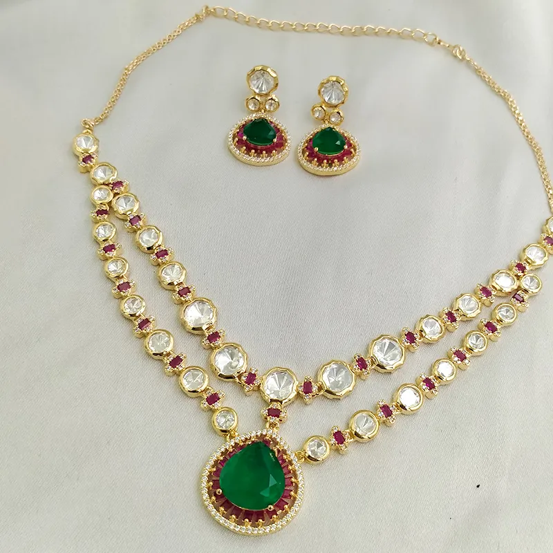 Green Ruby Kundan Teardrop Necklace Set - Image 2