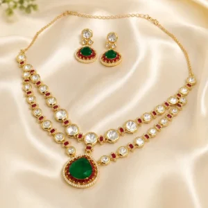 Green Ruby Kundan Teardrop Necklace Set