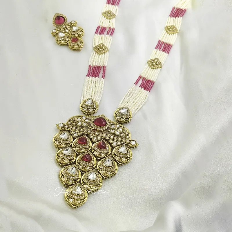 Ruby Long Necklace in Kundan & Pearls with Maang Tikka - Image 2