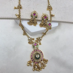 Alternative view of Long Necklace in Ruby, Green Stones with Stylish Earrings