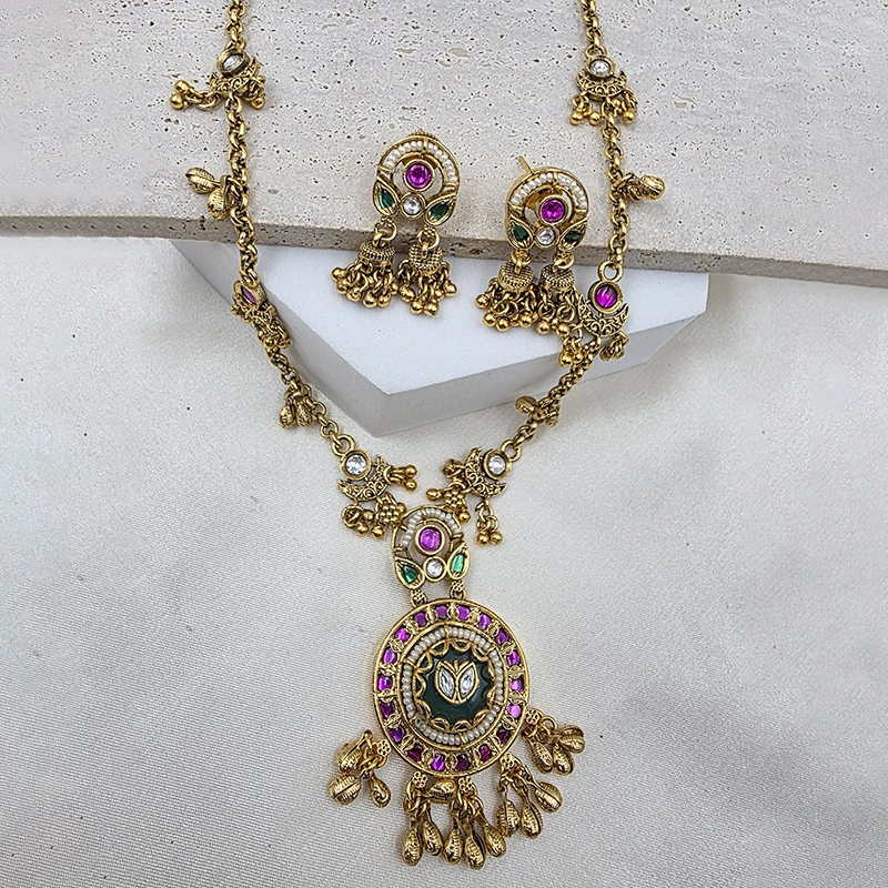 Long Necklace in Ruby, Green Stones with Stylish Earrings - Image 2